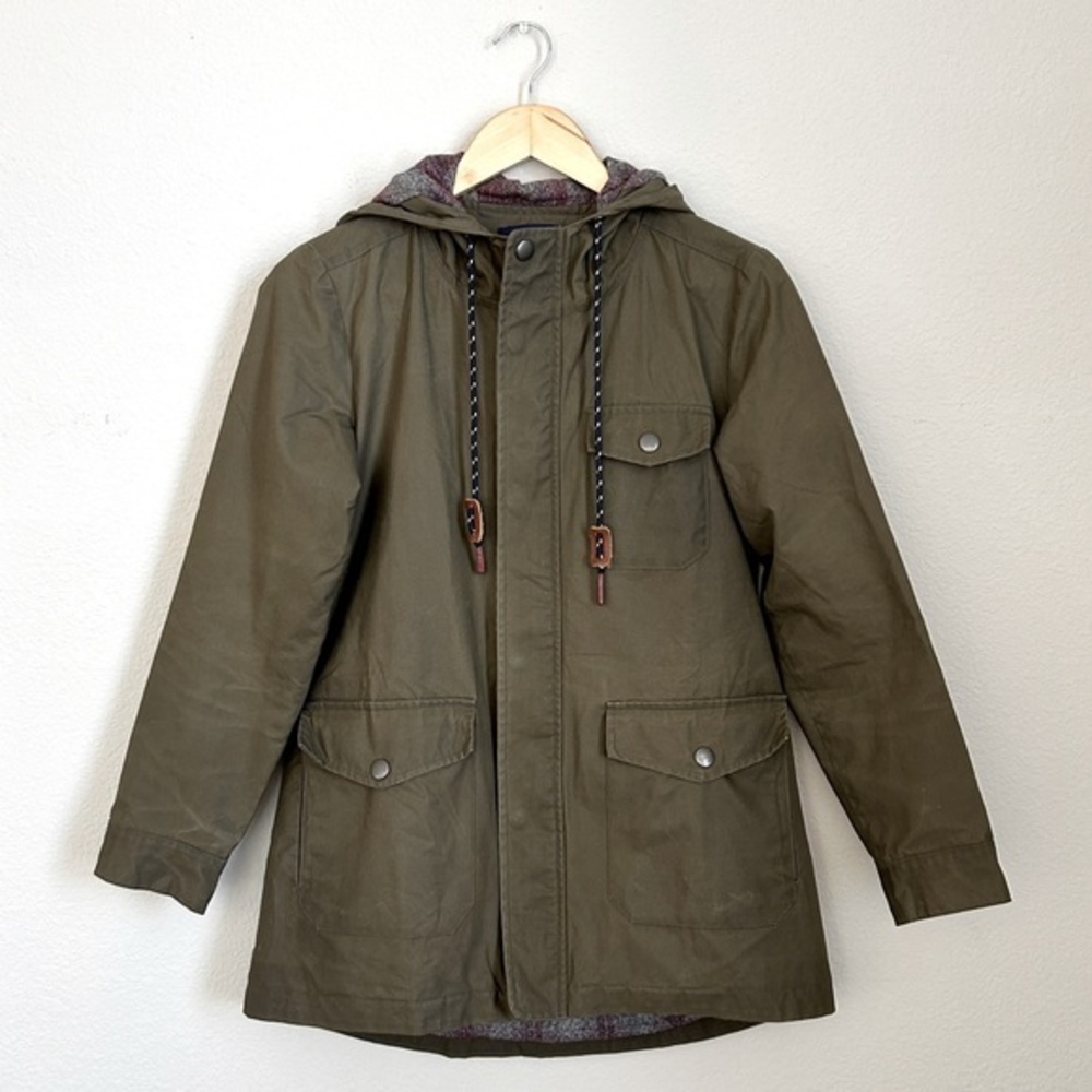 BRIDGE & BURN // Waxed Cotton Plaid Flannel Lined Utility Rain Jacket, Green, S